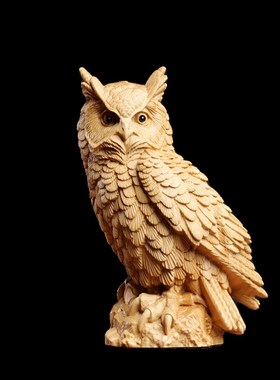 天然黄杨木雕可爱猫头鹰老鹰手工智慧守护文玩吉祥手把件实木摆件