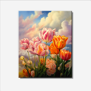 彩色郁金香数字油画diy填充填色治愈减压儿童涂鸦花海油彩装饰画