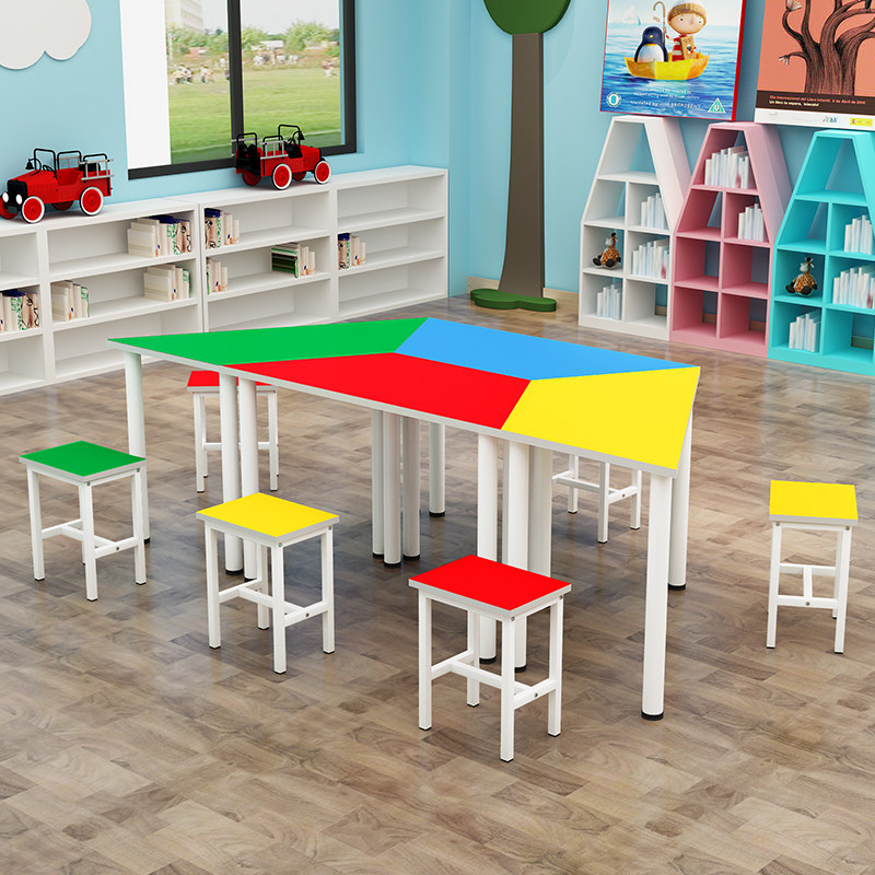 学生辅导培训课桌椅彩色梯形桌多边形六角拼接桌少儿美术绘画桌椅