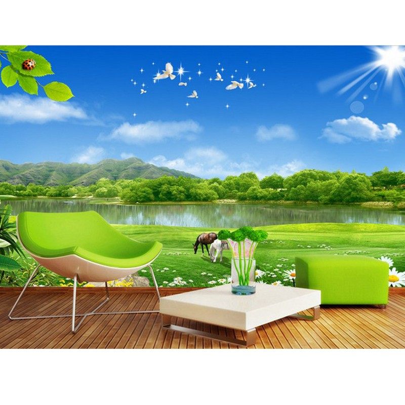 蓝天白云绿色草原电视背景墙定制壁画现代中式客厅沙发阳光马壁纸,家装主材,定制壁画,淘宝优惠券,粉丝福利购,淘宝优惠卷