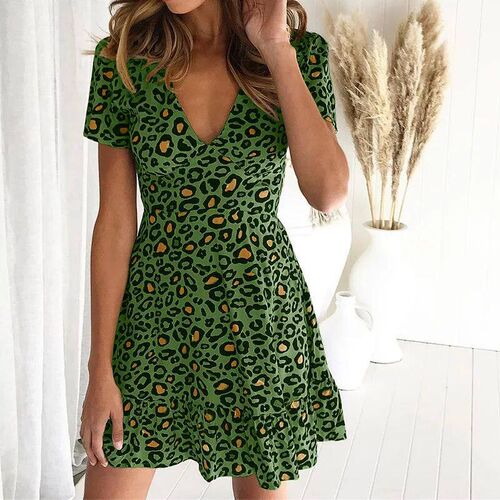 Summer New Womens Fashion Casual Dresses Leopard Print Deep