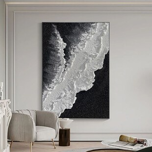 手绘立体肌理画石英砂黑色海浪客厅装饰画大芬油画村玄关挂画餐厅