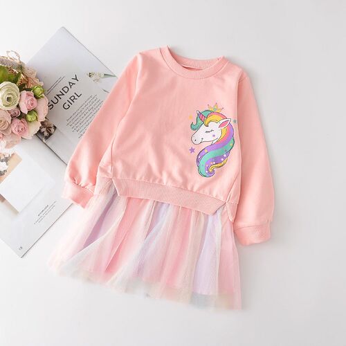 Unicorn Princess Dress Girls Autumn Spring Kids Cute Cartoon