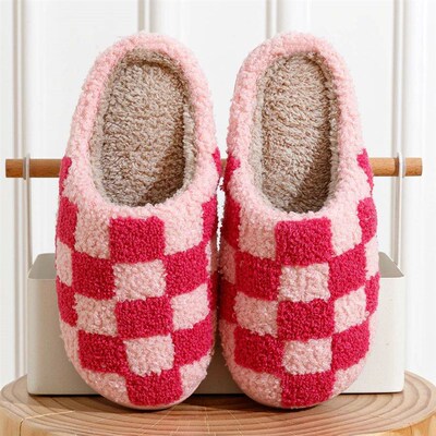 Fashion Retro Checker Womens Winter Warm Home Slippers