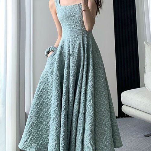 Women Solid Color Square Collar Draped A-line Slip Dresses
