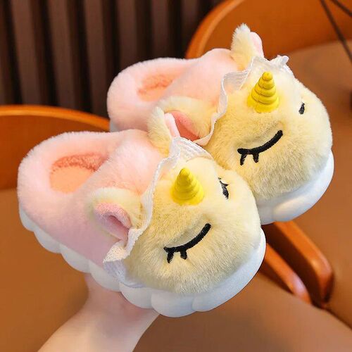 New Winter Kids Plush Slippers Cartoon Unicorn Childrens In