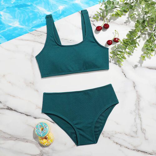Solid Girl Swimsuit Kids Ribbed High Waist Bikini Set Two Pi