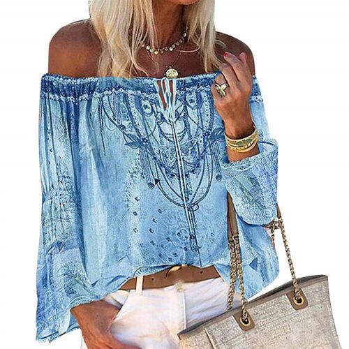 Women Chiffon Blouse Long Sleeve Off Shoulder Floral Print
