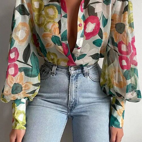2023 Autumn Womens Shirt Printed Button Lantern Sleeve Eleg