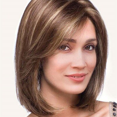 Womens short hair wig brown highlights bobo head short fluf