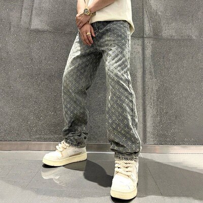 Jacquard Pattern Denim Pants Male Straight Fitting Baggy Bot