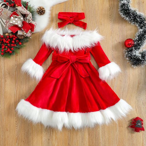 Christmas Dress Kid Baby Girl Clothes Faux Fur Patchwork Lon