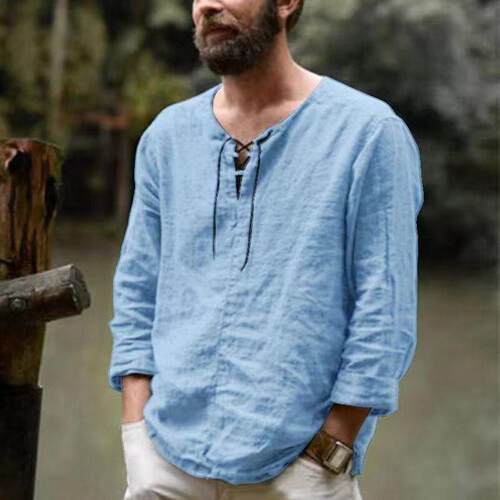 New Linen Shirt Mens Casual Blouse Cotton  Loose Tops Long