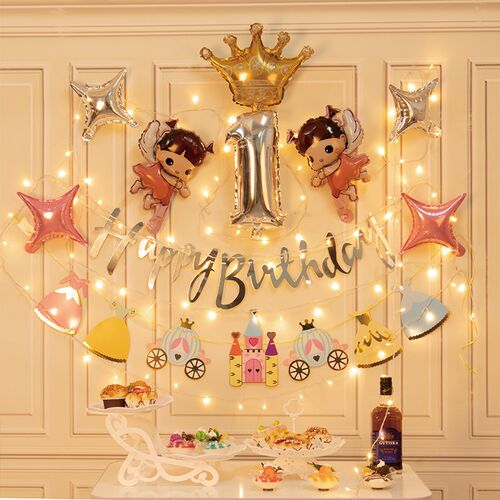 The girl a birthday happy flag balloon decoration scene baby
