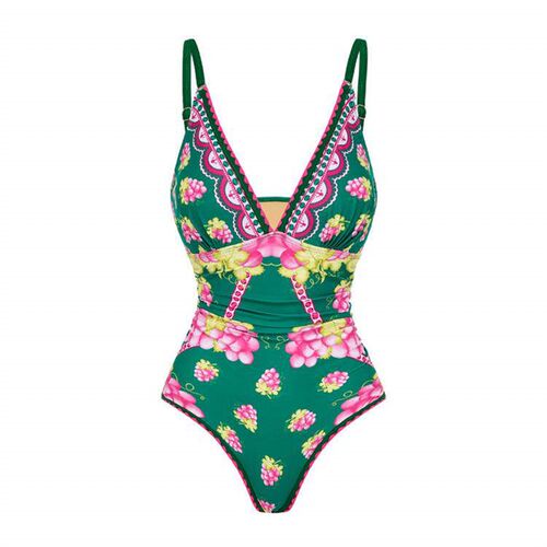 Swimsuit womens deep ruffle edge color blocked print