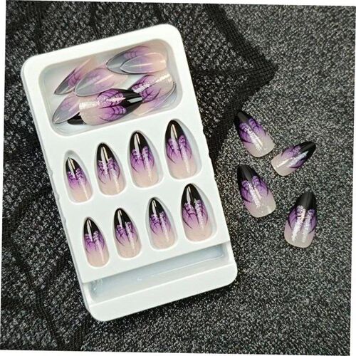 24pcs Halloween Spider Web Purple Almonds Fake Nails Press o