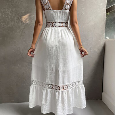 Boho White Dress Women Sexy Midi Dress Female Hollow Out