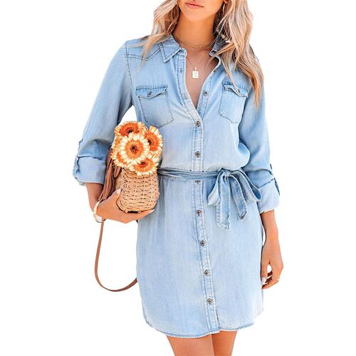 Fashion Women Casual Denim Dress Solid Color Long Sleeve