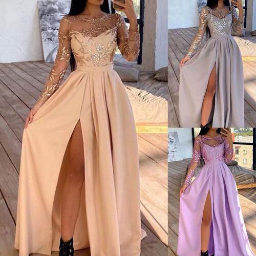 Lace Sleeve High Split Women Dress O-Neck High Split