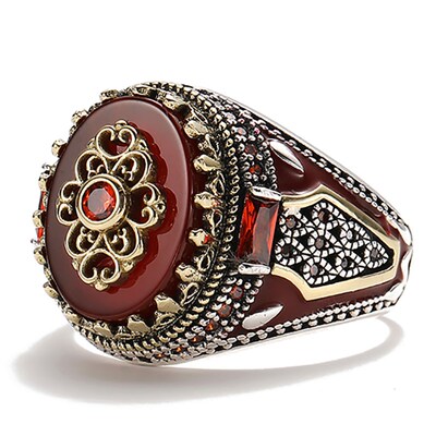 Retro Luxury Natural Red Stone Turkish Handmade Crown Ring I