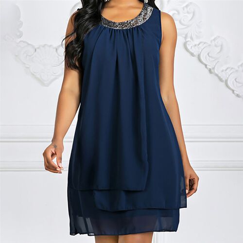 Womens Shift Dress Knee Length Dress Sleeveless Solid