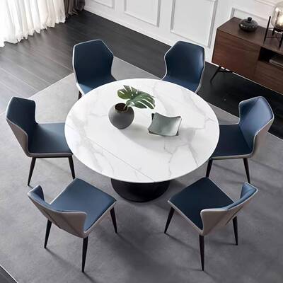 式意轻奢亮光岩餐桌可变桌极简伸缩旋转板变形可圆折叠家用小UBQ