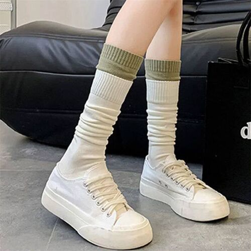 Womens Patchwork Knee Socks Double Layer Over-The-Knee Stoc