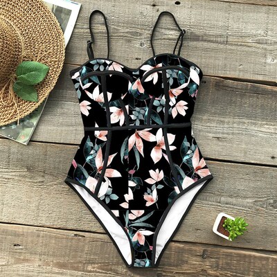 Summer Style One Piece Swimsuit For Women Palm Print Swimwea