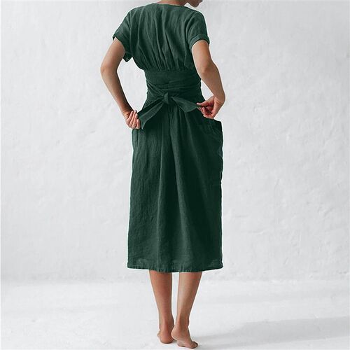 Cotton And Linen Special Sashes Design Dresses Women Casual