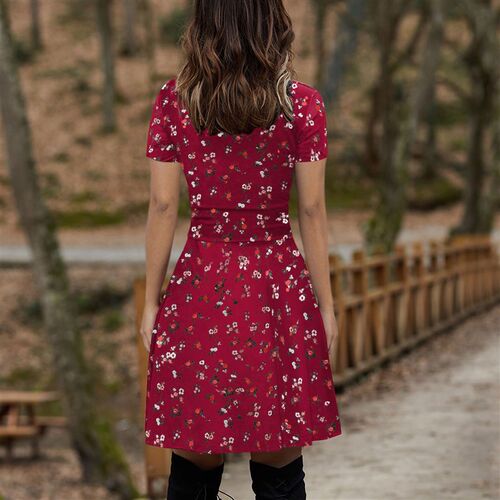 Casual Short Sleeve Party Dress Retro Robe Women V-Neck