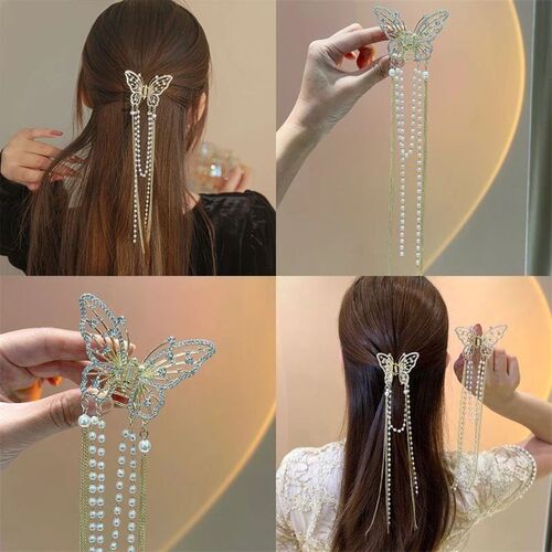 2023 New Female Butterfly Pearl Tassel Hair Claw Rhinestone