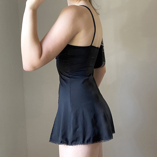 Xingqing yk Black Mini Dress Cute Sweet Girl Lace Trim