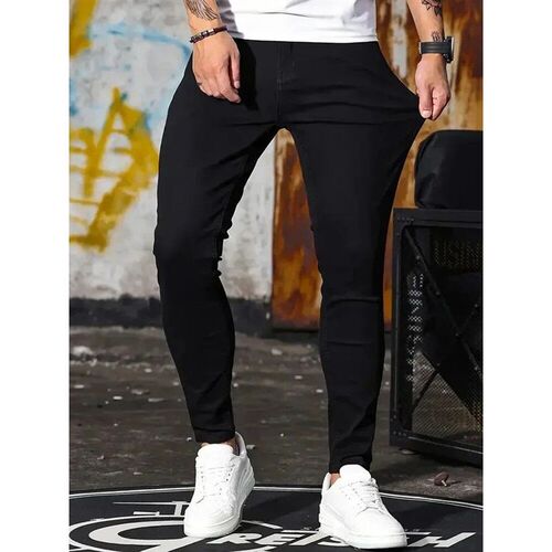Men Jeans Sretch Skinny Denim Pants Solid Color Black Blue S