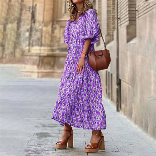 Womens Bohemian Maxi Dress Summer Floral Print Bell Sleeve