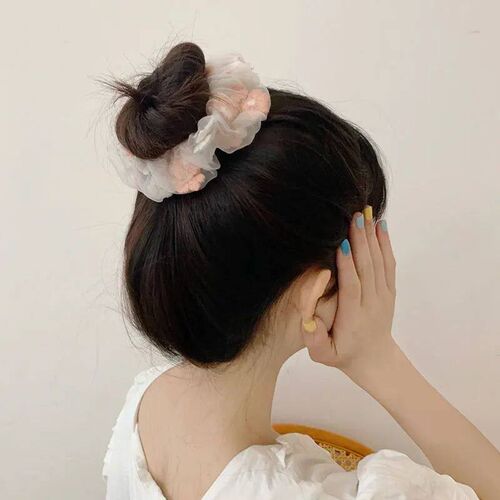 Sweet Embroidery Flowers Mesh Scrunchies Women Romantic Pink
