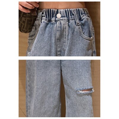 2023 spring Girls clothes Kids straight Ripped Hole Loose Je