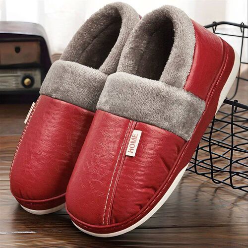 Mens Home Slippers Imitation Leather Memory Foam Furry