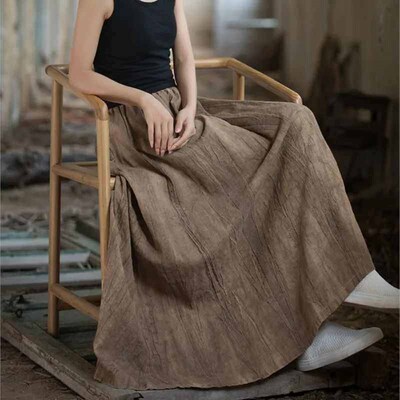 Johnature Women Ramie Tie-dye Skirts Elastic Waist Pockets V