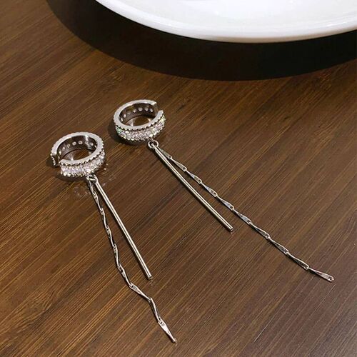 Silver Color Crystal Tassel Non-Piercing Cuff Ear Clip Earri