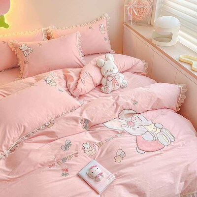 New Cute Rabbit Tape Embroidered Washed Cotton Cotton Four-p