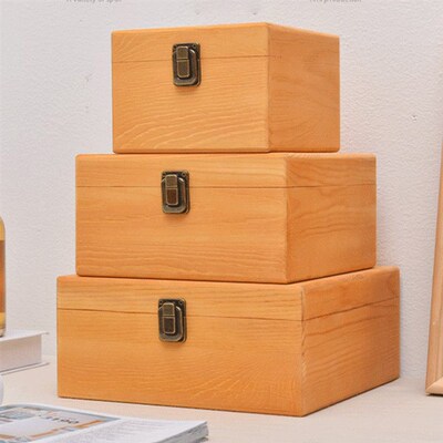 S/M/L Wooden Storage Box Plain Wood With Lid Multifunction S