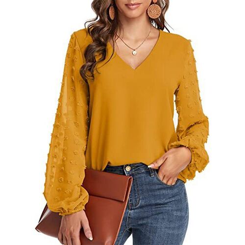 Solid Women Blouse 2022 Spring Fashion V Neck Long Sleeve El