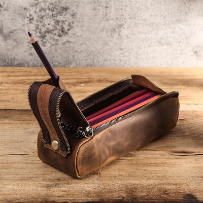 CONTACTS FAMILY Leather Zipper Pen Pencil Case Bag Handmade