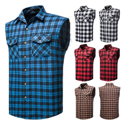 Mens Casual Flannel Plaid Shirt Sleeveless tton Plus Size V