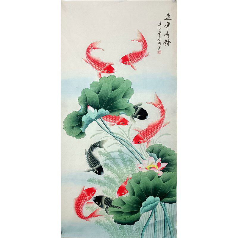 国画成品工笔画四尺条幅彩墨荷花鱼花鸟画纯手绘真迹画芯无款未裱,家居饰品,国画,淘宝优惠券,粉丝福利购,淘宝优惠卷