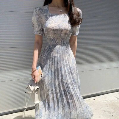 2023 Summer Water-color Printed Korean Chiffon Long Dress Wo