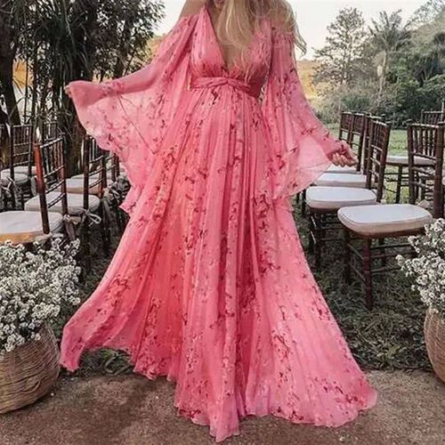 Women Off Shoulder Dresses V Neck Floral Print Pink