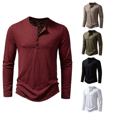 Mens Bamboo Cotton Henry Collar Mens Fashion Long Sleeve T