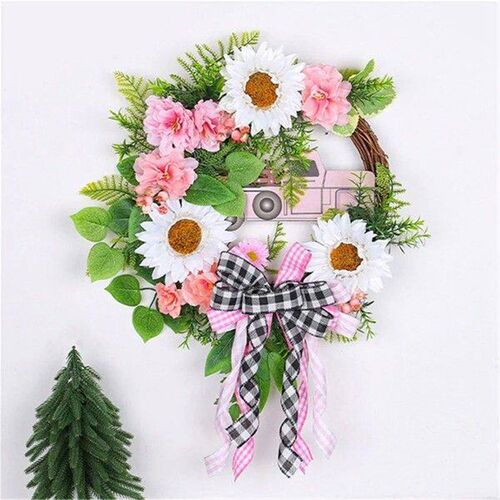 Spring Wreaths for Front Door,Pink Car Sunflower Artificial