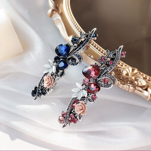 Korean Red Crystal Flower Bow Spring Hairpin Vintage Ink Blu